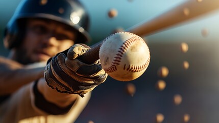 Baseball player is swinging a bat at a ball. The batter is wearing a helmet and a glove