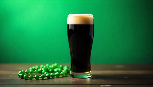 Beer, glass, dark, stout, foam, green, background, festive, celebration, St. Patrick's Day, Irish, pub, drink, refreshing, cold, creamy, rich, malty, smooth, velvety, robust, hearty, full-bodied, frot
