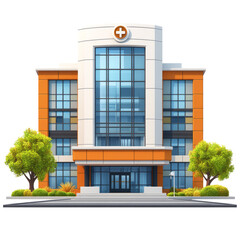 Obraz premium Modern Cartoon Hospital Building Exterior. Healthcare Facility With Trees And Landscaping.