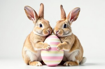 Obraz premium Two cute rabbits holding an Easter egg in their paws, white background. Space for text, congratulations. Happy Easter concept and idea