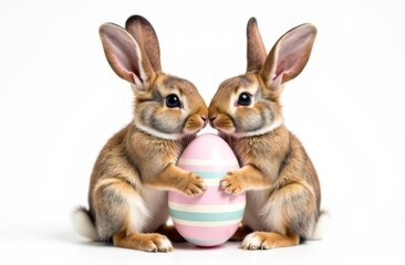 Obraz premium Two cute rabbits holding an Easter egg in their paws, white background. Space for text, congratulations. Happy Easter concept and idea