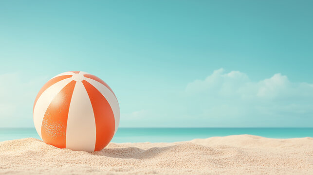 Summer vacation, holiday, travel, tourism, beach , leisure time concept. A serene beach setting with a large, striped beach ball placed on the sand.  Space for text. 