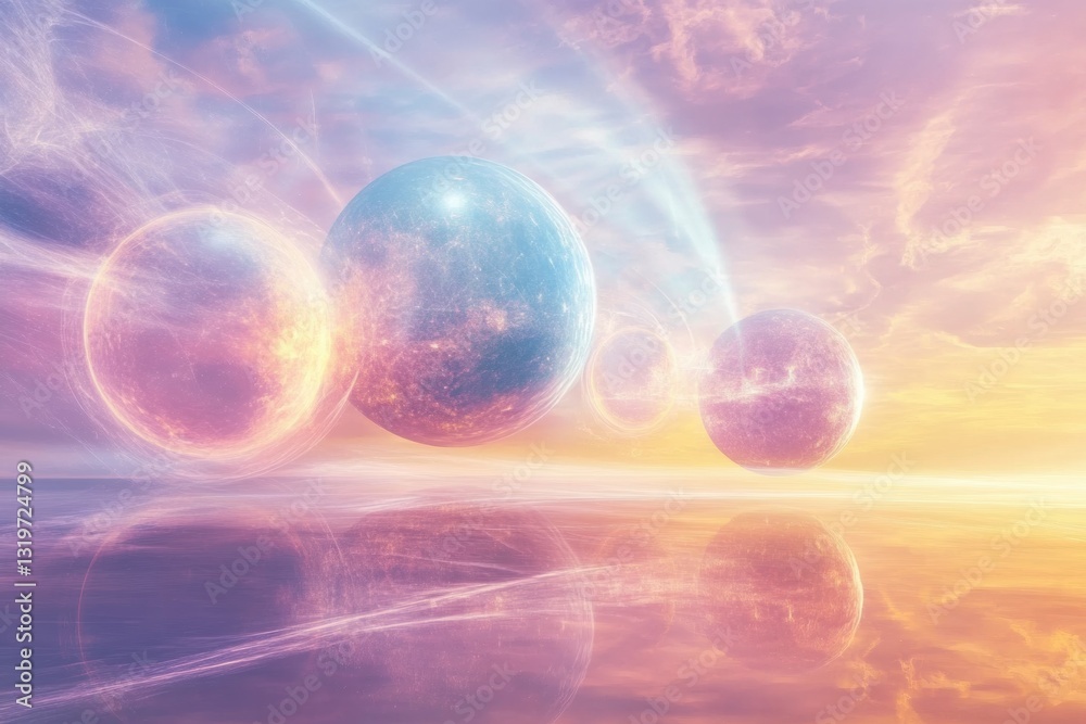 Poster Multiple spheres in a vibrant cosmic landscape connected by light beams showcasing surreal virtual worlds