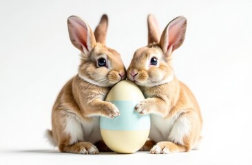 Fototapeta premium Two cute rabbits holding an Easter egg in their paws, white background. Space for text, congratulations. Happy Easter concept and idea