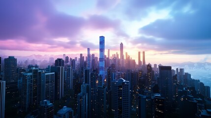 Fototapeta premium City skyline with a beautiful sunset in the background. The sky is a mix of blue and pink, creating a serene and peaceful atmosphere. The city is bustling with activity, with tall buildings