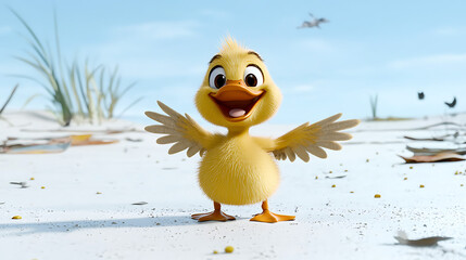 A cartoon duck is standing on a beach with its wings spread out. generated using AI