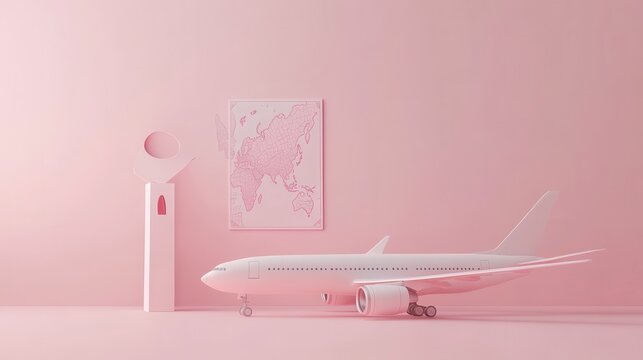 3D Illustration. Mockup of an airplane, airport board and map pointer against pink background. Travel concept.
