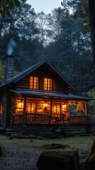 Warm glow of a cozy log cabin in the forest at night with welcoming lights illuminating the surroundings