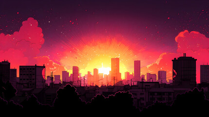 Pixelated City Skyline Silhouetted Against Vibrant Pink Orange Sunset Sky During Evening Hours