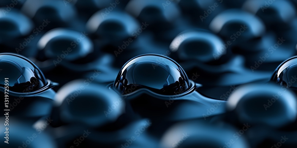 Poster Close up of a blue liquid with many small spheres floating in it. The spheres are all different sizes and are scattered throughout the liquid. The image has a calm and serene mood