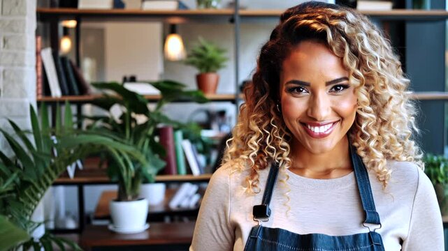Confident florist in apron checking smartphone, smiling inside verdant shop lined with botanical shelves and reference books