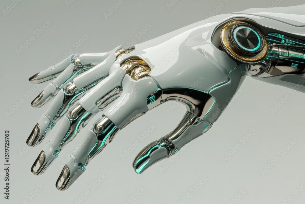 Poster medical hand with cybernetic features and stethoscope representing ai support in healthcare technolo