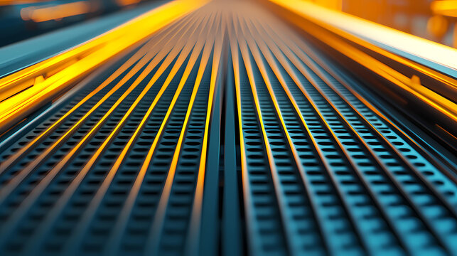 A close-up view of a textured surface illuminated by warm lighting, showcasing parallel lines and patterns.