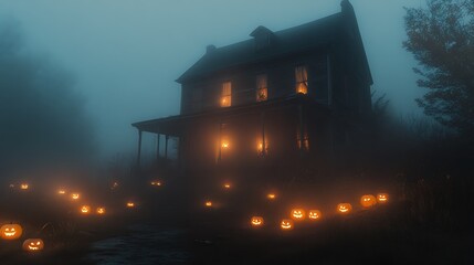 An old house with illuminated pumpkins in the fog