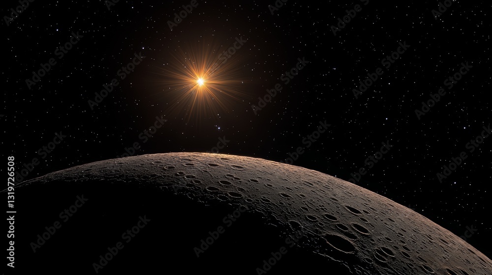 Poster close up of a planet with a bright star in the background. the planet is surrounded by a dark sky, g