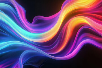 Abstract color wave on a black background with 3D neon colors flowing, wide banner with copy space