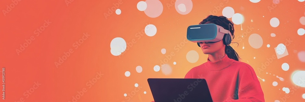 Poster student engages with ai driven virtual learning platform using a laptop in a vibrant digitally enhan