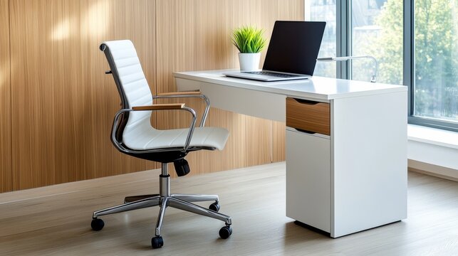 Modern office workspace featuring a sleek desk, ergonomic chair, and laptop with natural light