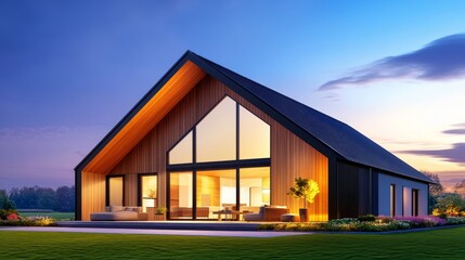 Obraz premium Modern wooden house at sunset with large windows and cozy interior, surrounded by greenery