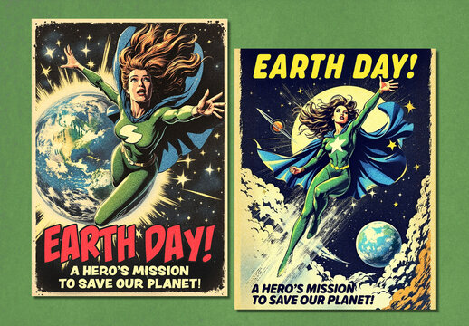 60s Comic Style Earth Day Poster Layout Set