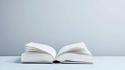 Fototapeta premium Open White Book With Fanned Pages On A Minimalist Light Blue Surface In A Bright Room