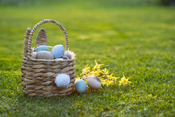 Easter eggs in basket in grass. Traditional egg hunt for spring holidays