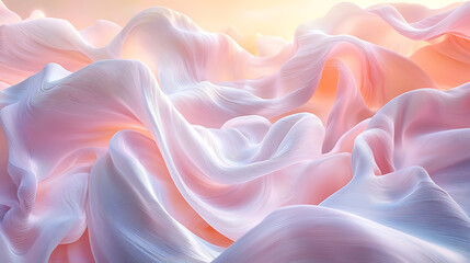 Flowing waves of fabric in delicate pastel shades of pink orange and white bathed in soft ethereal light.