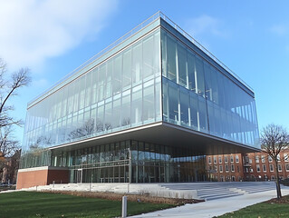 Obraz premium Modern glass building with cantilevered design showcasing clean architectural lines under a bright blue sky in an outdoor setting.