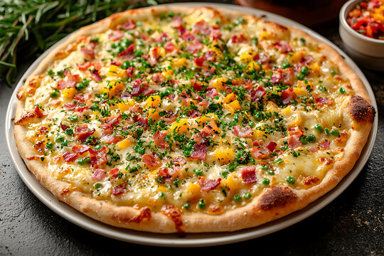 Delicious pizza topped with cheese bacon peas yellow peppers and fresh herbs served on a rustic plate.