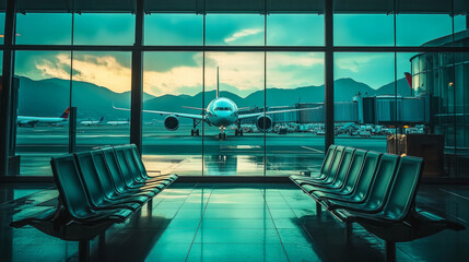 An interior image of an airport terminal showing the plane behind a glass