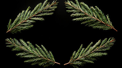 Evergreen fir branches arranged diagonally facing inward against a contrasting dark background.