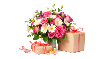 Obraz premium Fresh bouquet of flowers and wrapped gifts for an anniversary celebration , with white tonespng