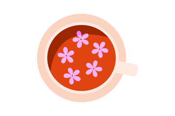 A cup filled with tea decorated with small, purple flower garnishes. Minimal flat design illustration, cute food art, whimsical kitchenware in peach and terracotta colors cozy aesthetic. Isolated