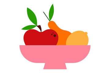 Colorful illustration of fruit bowl with red apple, pear, and yellow lemon, citrus in pink container. Flat design graphic with vibrant colors, perfect for healthy eating concepts and kitchen decor