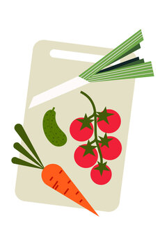 Fresh vegetables on a cutting board. Tomatoes, carrot, cucumber, and leek for cooking, meal prep, and healthy eating concepts. Perfect for kitchen and food illustration. Article, post, social media 