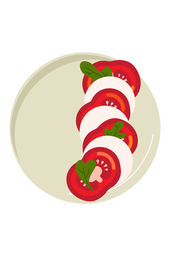 Colorful illustration of caprese salad with sliced tomatoes, fresh mozzarella and basil leaves arranged on a plate. Vibrant flat design food graphic perfect for recipe blogs, menu designs, and healthy