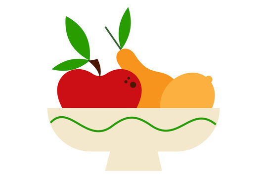 Colorful illustration of fruit bowl with red apple, pear, and yellow lemon, citrus in modern container. Flat design graphic with vibrant colors, perfect for healthy eating concepts and kitchen decor