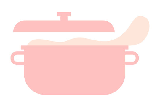 Fun pink cooking pot with lid and steam illustration. Flat design kitchen cookware, pastel color kitchenware. Simple clean cooking utensil vector graphic for food and culinary concepts. PNG