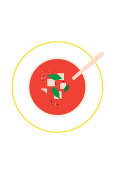 Illustration of tomato soup, gazpacho in a bowl with spoon. Geometric design featuring red soup with basil leaves and cream cubes. Food graphic with simple shapes and bright colors. Culinary concept