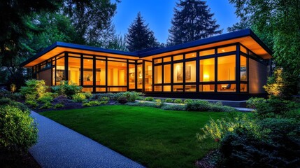 Modern architectural home illuminated at dusk, surrounded by lush greenery and serene garden