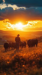 Naklejka premium Farmer feeds cows in golden field at sunset while nurturing livestock and enjoying nature's beauty