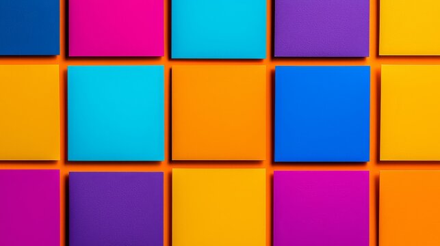 Colorful image of squares of different colors. The squares are arranged in a grid, with some squares overlapping each other. Concept of vibrancy and energy, as the colors are bright and bold