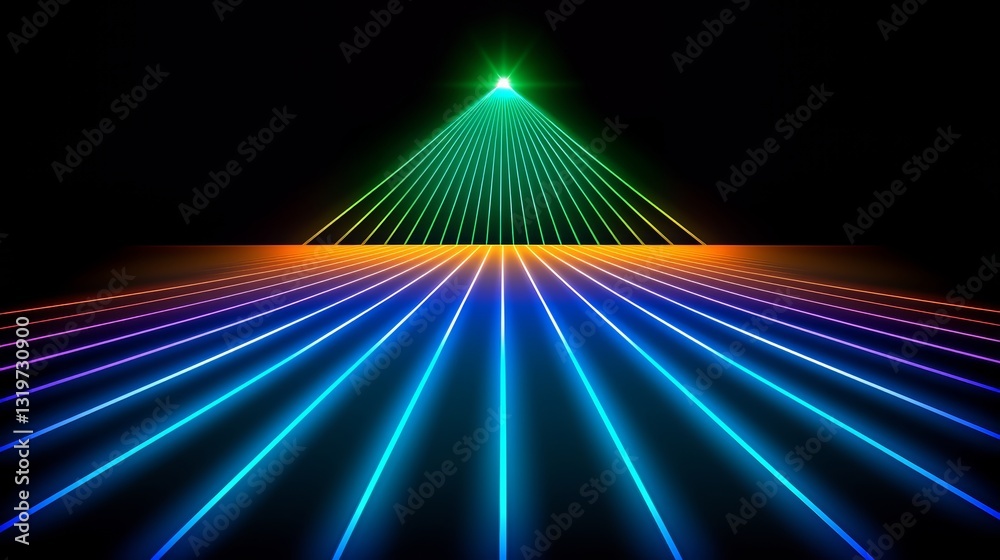 Poster Colorful light show with a bright green light at the top. The lights are arranged in a way that creates a sense of depth and movement. Scene is energetic and dynamic