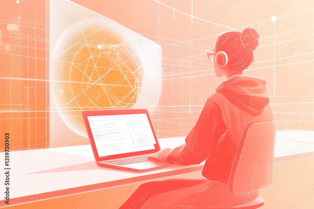 Poster student engaged in virtual learning with ai technology and interactive interface while studying at h