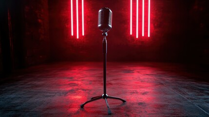 This striking image features a vintage microphone illuminated by colorful vertical light bars, creating an artistically vibrant backdrop for any musical theme or concept.