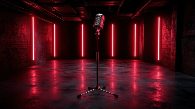 A classic microphone is captured in front of sleek, vertical neon lights that emit a vibrant glow, setting the stage for captivating performances and musical expressions.