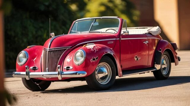 Vintage Red Convertible with Damaged Fender in Sunlight, Classic Red Convertible Car Vintage Auto Show, red Cuban old car, created with generative ai