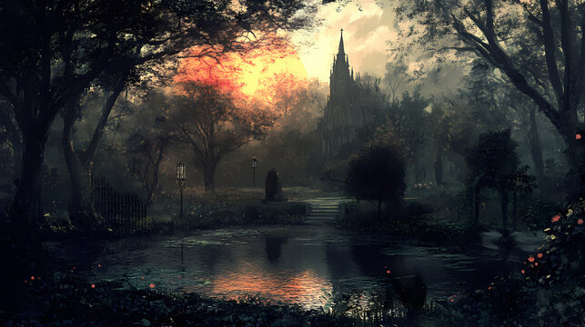 A gothic depiction of a paradise garden at dusk, with shadowy trees and an eerie glowing pond. Eerie Glow. Illustration