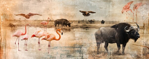A digitally created scene with various african animals present
