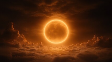 Fototapeta premium Fiery Celestial Orb: An Enigmatic Lunar Display Above a Sea of Clouds